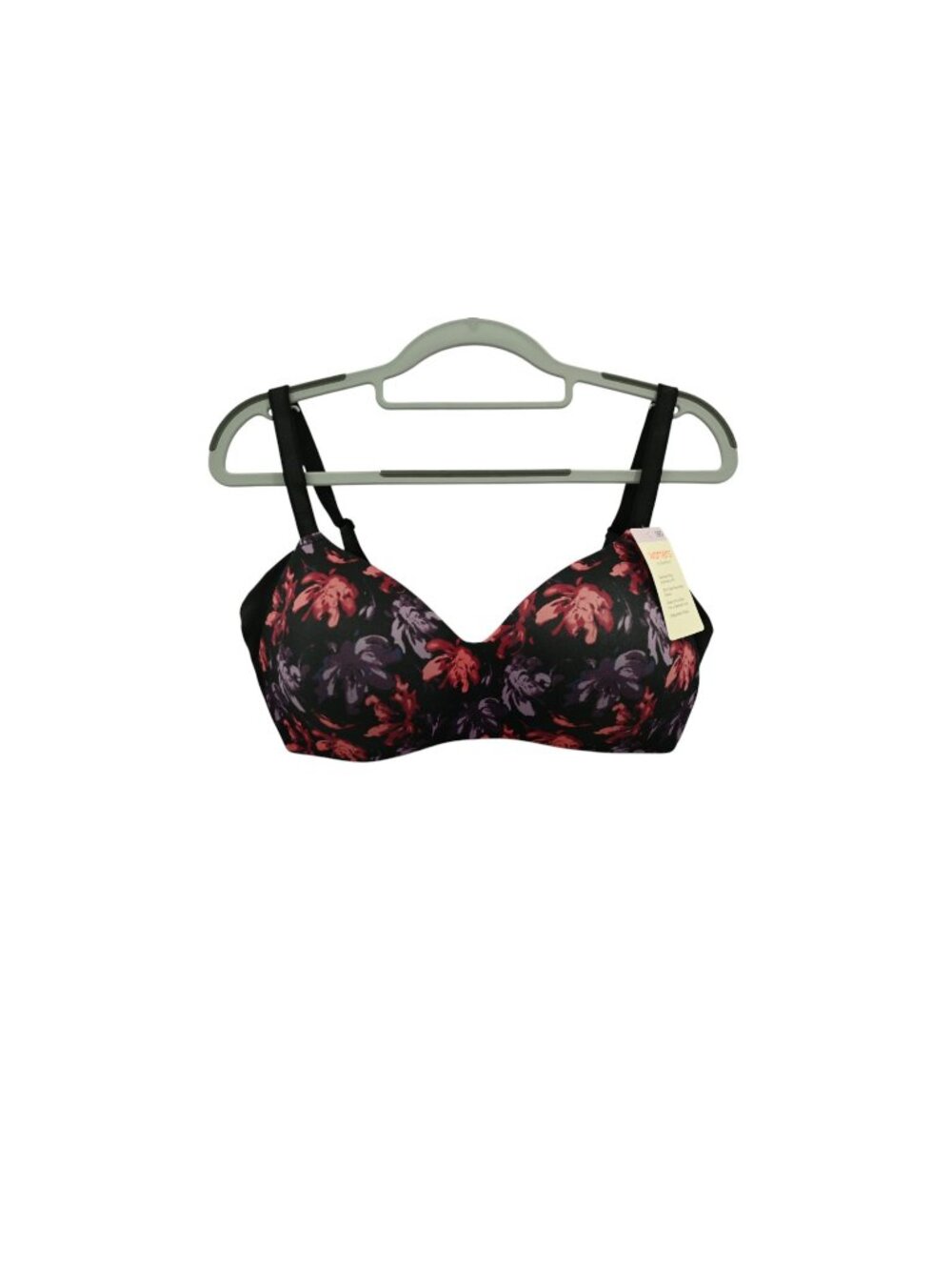 NWT Warners No Side Effects Wireless Bra Sz 36D Black Painted Blooms RM3061A